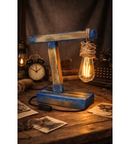 WoodyLight Rustik El Yapımı Masif Ahşap Masa Lambası - Retro Edison Tasarım Dekoratif Gece Lambası