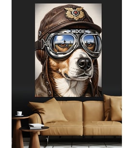 Pilot Gözlüklü Köpek Resmi Dekoratif Kanvas - Mdf Ahşap Tablo