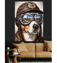 Pilot Gözlüklü Köpek Resmi Dekoratif Kanvas - Mdf Ahşap Tablo