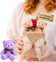 Kişiye Özel Kahve Peluş Ayıcık Buketi ve Peluş Mor Anahtarlık (Kırmızı)