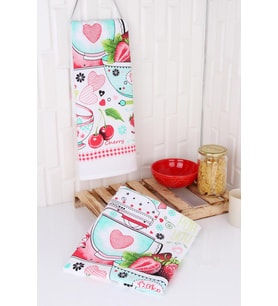 %100 Pamuk 2'li 50x70 Baskılı Mutfak Kurulama Havlu&Peçete (Pembe)