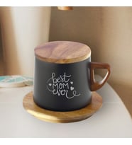 Ahşap Altlıklı Çelik Termos Bardak 250 ml Kapasiteli Annelere Özel Kazıma Desenli Termos-best Mom (Saks-Siyah)