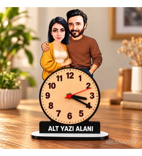 Fotoğraftan Tasarlanan 2 Kişilik Çift Karikatürlü 18 cm MDF Dikey Masa Saati - Sevgiliye ve Eşe Hediye Sevgililer Günü ve Yıl Dönümü Hediyesi