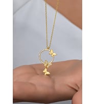 925 Ayar Gümüş Gold Daire Tasarım Uçuşan Sevgi Kelebekleri Kolye