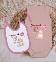 BK Kids Kişiye Özel İsimli Pembe %100 Pamuklu Askılı Sıfır Kol Bebek Body Zıbın ve Mama Önlüğü Hediye Seti-5