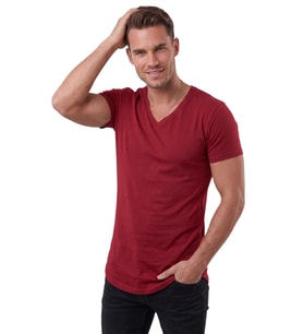 DeepSEA Bordo Erkek Slim Fit Derin V Yaka Basic Tişört %90 Pamuk Likralı Asimetrik Kesim 2602265