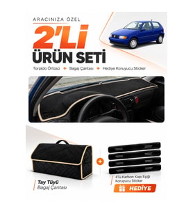 e-biz VOLKSWAGEN POLO CLASSİC (1997-2001) Uyumlu Torpido Örtüsü + Tay Tüyü Çanta - Siyah-Bej - VW018