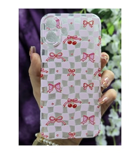 iPhone 16 Plus Uyumlu Kurdele ve Kiraz Desenli Silikon Şeffaf Telefon Kılıfı