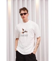 pilelistore- Unisex Bisiklet Yaka Baskılı Oversize T-Shirt - Siyah (Beyaz)