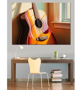 Pencere Kenarında Gitar Görseli Dekoratif Kanvas - Mdf Ahşap Tablo