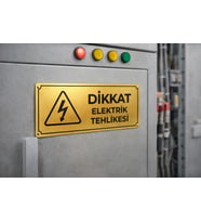 Dikkat Elektrik Tehlikesi Gold Metal Uyarı Levhası 10x25 cm – Endüstriyel