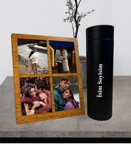 Kişiye Özel Premium  Termos Bardak Ve Fotoğraflı Dört Resimli Siyah Kolaj Masaüstü Fotoğraf Ahşap Çerçeve