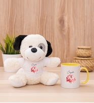 Kişiye Özel Pembe Çiçekli İsme Özel Peluş Köpek ve Sarı Kupa