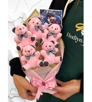 Kişiye Özel Fotoğraflı Ayıcık Buketi  Büyük Boy 5 Adet Pembe Ayıcıklı  Sevgiliye Hediye Doğum Günü Hediyesi (Pembe)
