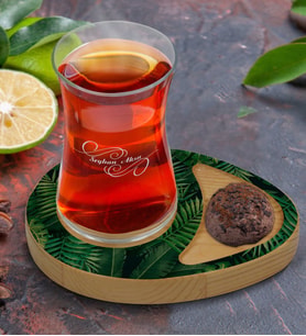 BK Gift Kişiye Özel Yapraklar Tasarımlı Doğal Ahşap Tabaklı Heybeli Çay Bardağı Sunum Seti Model 9