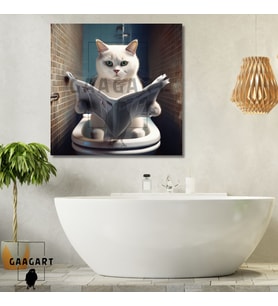 Tekli Kare Kanvas Banyo Tablosu Gazete Okuyan Yeşil Gözlü Beyaz Kedi