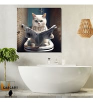 Tekli Kare Kanvas Banyo Tablosu Gazete Okuyan Yeşil Gözlü Beyaz Kedi