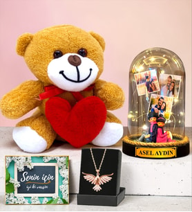 Kişiye Özel Premium Set Led Işıklı Fanus & Anka Kuşu Kolye & Kalpli Peluş Ayıcık (Model 8)