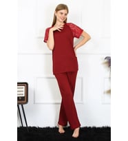 Kadın Kolu Dantelli Penye Pijama Takım Bordo