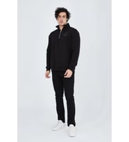 Erkek Yarım Fermuarlı Baskılı 3 iplik pamuklu sweatshirt - Siyah