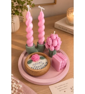 İyi ki Varsın Öğretmenim Mum - Mumelia Candles Doğal Soya Şamdan Lale Kitap Taştozu Mumluk Tasarım Dekoratif Mum Seti