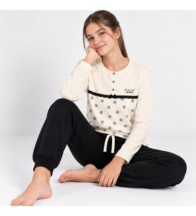 Genç Kız Pamuklu Yakası Düğmeli Cepli Hediyelik Vanilya Renk Alt Üst Pijama Takımı AL506 V1 BB2444
