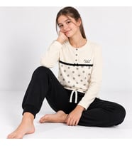 Genç Kız Pamuklu Yakası Düğmeli Cepli Hediyelik Vanilya Renk Alt Üst Pijama Takımı AL506 V1 BB2444