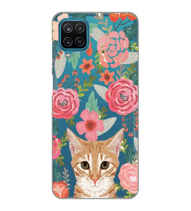 Samsung Galaxy A22/M22/M32 Uyumlu Kedi ve Çiçek Desenli Şeffaf Telefon Kılıfı