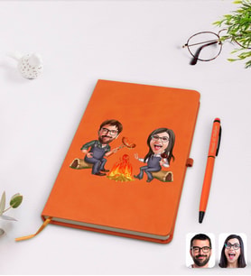 BK Gift Kişiye Özel Sevgililer Karikatürlü Turuncu Termo Deri Defter Kalem Seti Model 95