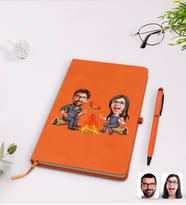 BK Gift Kişiye Özel Sevgililer Karikatürlü Turuncu Termo Deri Defter Kalem Seti Model 95