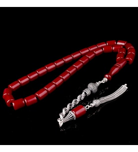 925 Ayar Gümüş Püsküllü Kesme Model Bordo Renk Ateş Kehribar Tesbih