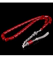 925 Ayar Gümüş Püsküllü Kesme Model Bordo Renk Ateş Kehribar Tesbih (Gri)