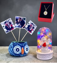 Renkli Işıklı Fanus, 3 Fotoğraflı Baykuş ve Tasarım Kolye Seti (Model 2)