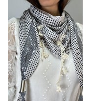 PUANTİYELİ PUL PAYETLİ KADIN FULAR ŞAL 140X40 CM (Beyaz)
