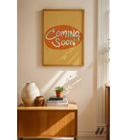 Coming Soon Turuncu Poster, Ahşap Çerçeveli Duvar Tablosu - Modern Ev Dekorasyonu