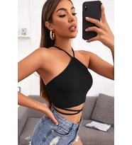 Giyim Kadın Siyah Sırtı Açık Boyundan Çapraz Bağlamalı Crop Top Bluz