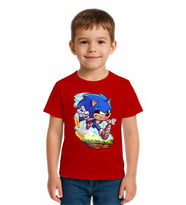 Unisex Sonic Baskılı Çocuk Tişört pamuklu penye kumaş (Kırmızı)