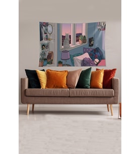 Multirenk Kedi ve Uyuyan Sahibesi Leke Tutmaz Kadife Kumaş Duvar Örtüsü Duvar Halısı Tapestry (Gri-Mor)