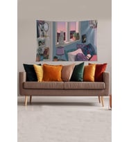 Multirenk Kedi ve Uyuyan Sahibesi Leke Tutmaz Kadife Kumaş Duvar Örtüsü Duvar Halısı Tapestry (Gri-Mor)