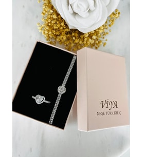 Love 2'li Set Bileklik Yüzük Set Sevgiliye Kız Arkadaşa Hediye (Silver)