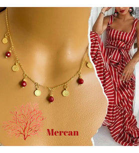 Manna by Banu, TUTKULU AŞK Kolye, Doğal Taş, Mercan, Altın Kaplama, El Yapımı, Kadın Gerdanlık
