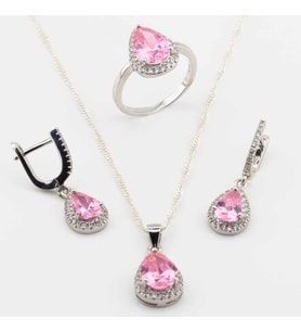 925 Ayar Gümüş Pembe Zirkon Taşlı Damla Model Bayan Set