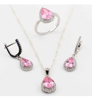 925 Ayar Gümüş Pembe Zirkon Taşlı Damla Model Bayan Set