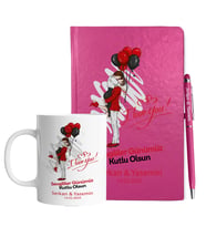 Sevgililer Gününe Özel Pembe Defter Kalem & Kupa Hediye Seti 19