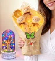 Premium Led Işıklı Büyük Peluş Ayıcık Buketi (Renkli Led Işıklı Melek Fanus Hediyeli)
