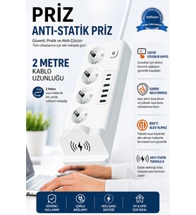 Akım Korumalı Priz ve Masaüstü Şarj İstasyonu Kablosuz 4 Priz ,4 USB, 2 Type-C Girişli 2 Metre