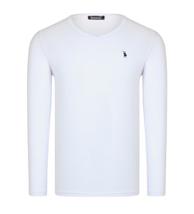 T8587 DEWBERRY V YAKA ERKEK UZUN KOL T-SHIRT-DÜZ BEYAZ
