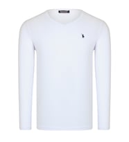 T8587 DEWBERRY V YAKA ERKEK UZUN KOL T-SHIRT-DÜZ BEYAZ