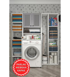 Kenzlife membran çamaşır makinesi dolabı hayzummega gribyz panjur 180*156*55 mebran kapak MDF gövde (Beyaz-Gri)