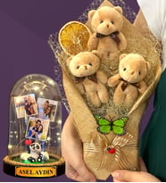 Sizlere Özel Led Işıklı Fanus ve Kahve Peluş Ayıcık Buketi - Premium Hediye Seti (Model 4)